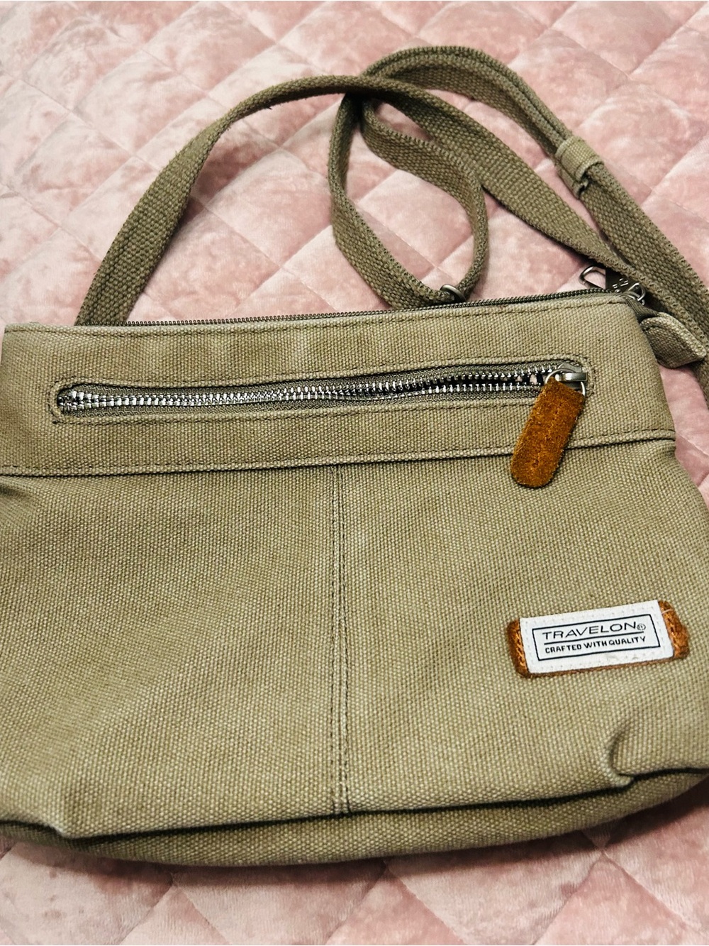 Travelon Olive Green Canvas Crossbody Bag with Suede Accents